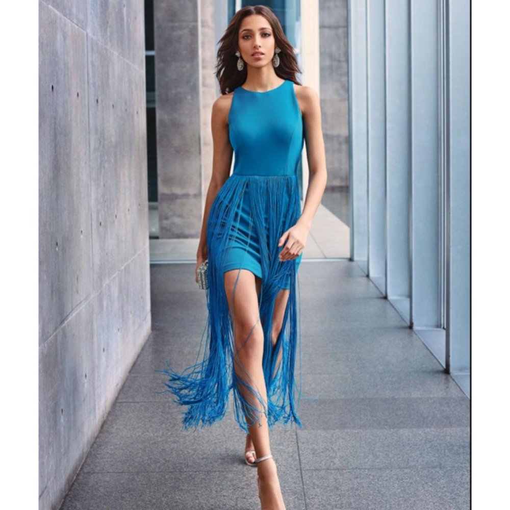 Aidan Mattox Teal Cocktail Dress Long Fringe NWT - Picture 1 of 6